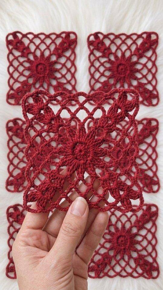 Ornate Red Crochet Lace Squares