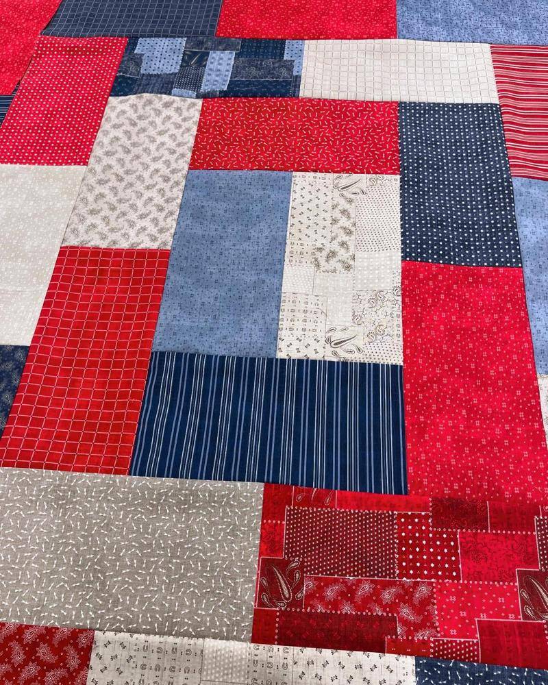Patchwork Quilt Top in Red, White, and Blue Fabrics