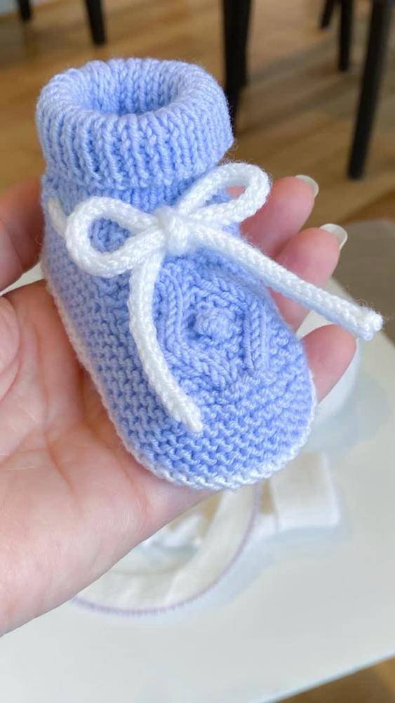 Periwinkle Blue Knitted Baby Booties with White Lace Detail