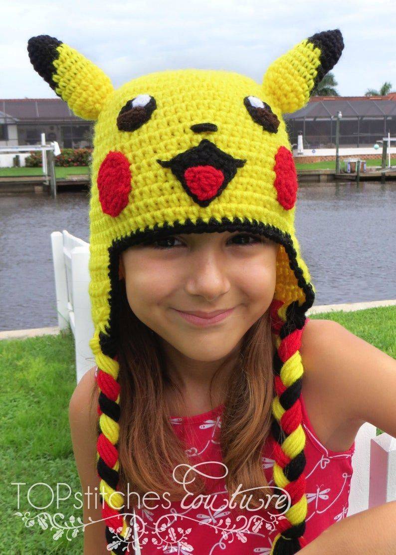 Pikachu Inspired Crochet Hat with Ears and Braids