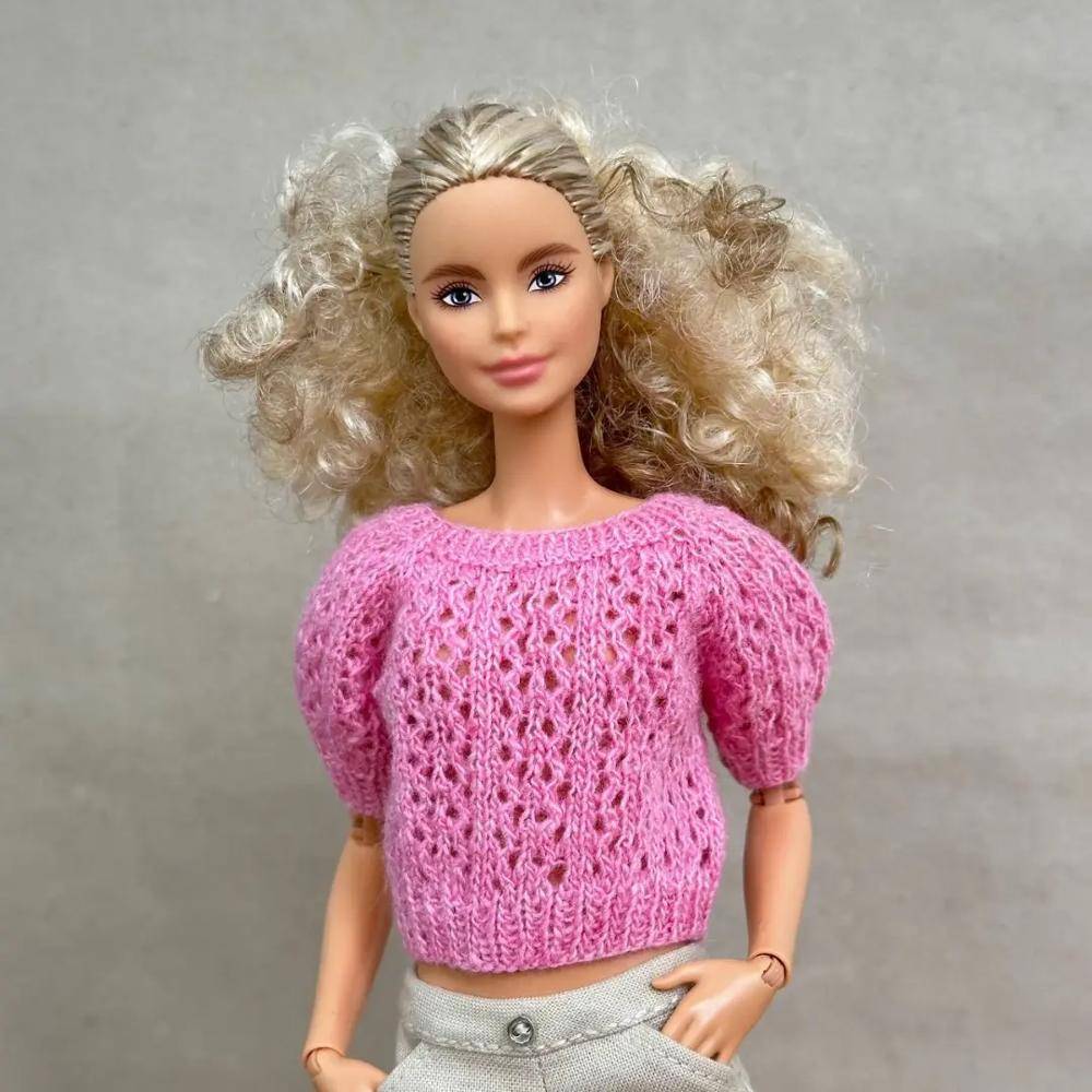 Pink Knitted Puff Sleeve Sweater for Barbie Doll