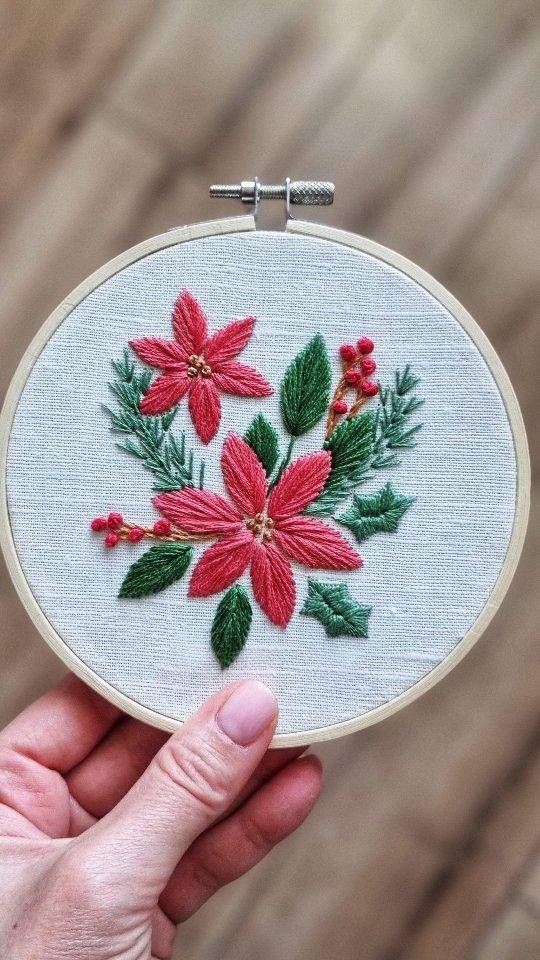 Poinsettia and Holly Embroidery Hoop Art