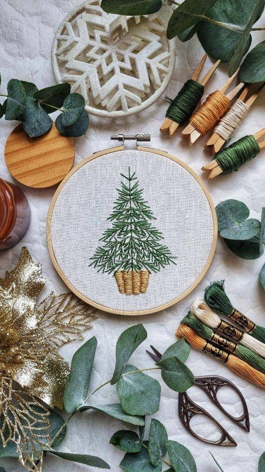 Potted Christmas Tree Embroidery Hoop Art