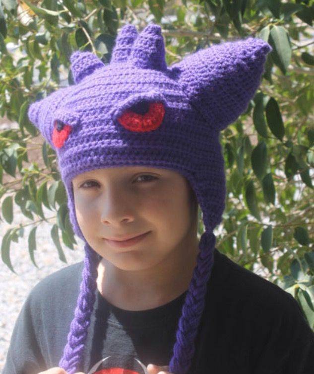 Purple Gengar Pokémon Crochet Hat with Braided Ear Flaps