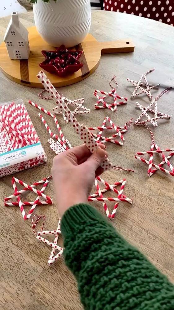 Red and White Paper Straw Christmas Star Ornaments