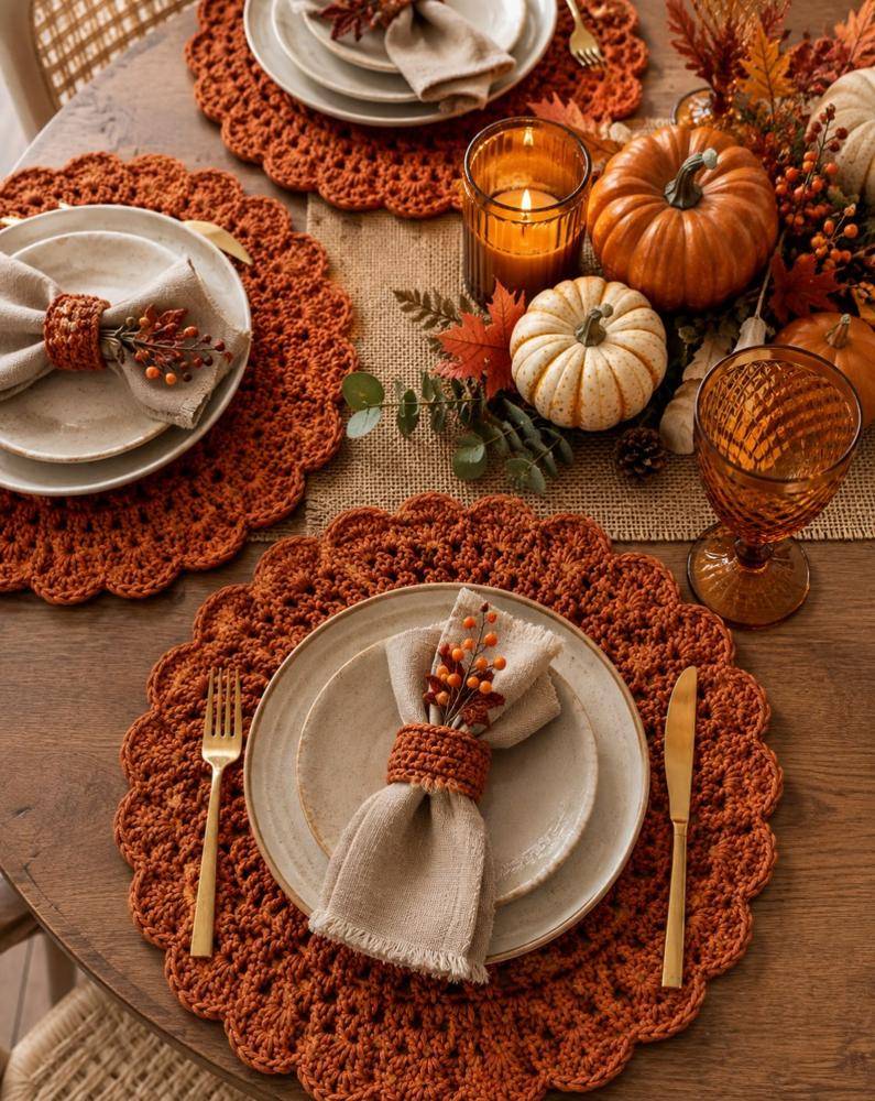 Rustic Crochet Scalloped Placemat Set
