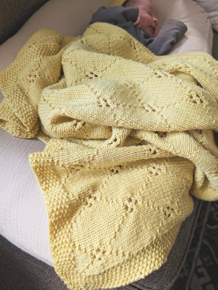 Soft Yellow Knitted Baby Blanket with Lattice Pattern