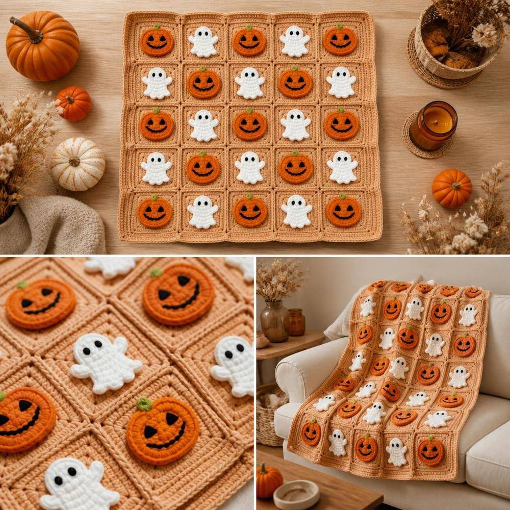 Spooky Halloween Crochet Blanket with Pumpkin and Ghost Appliqués