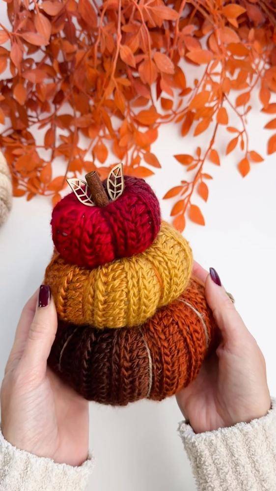 Stacked Crochet Pumpkins with Cinnamon Stick Stems