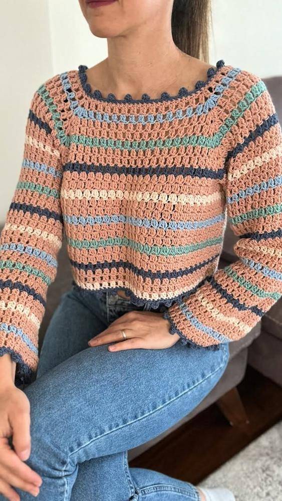 Striped Crochet Cropped Sweater