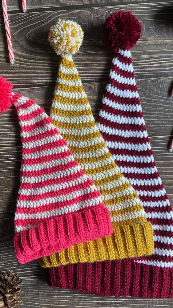 Striped Crochet Santa Hats with Pom-Poms