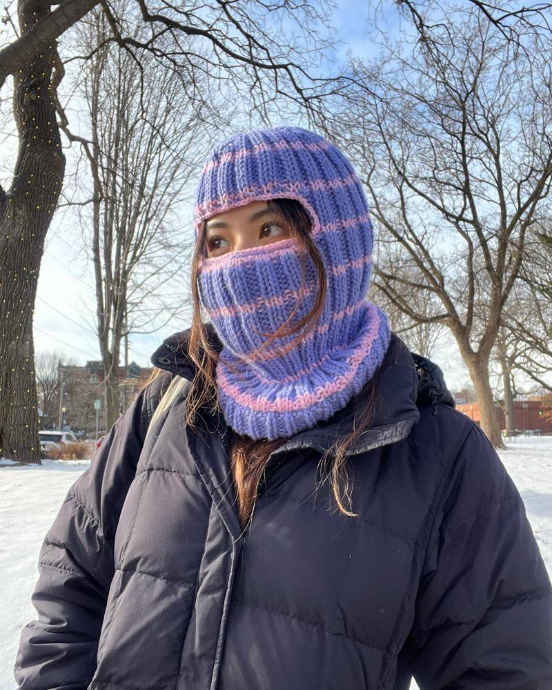 Striped Knit Balaclava with Integrated Neck Warmer
