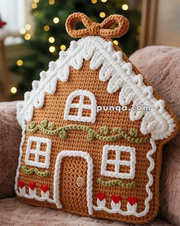 Sweet Gingerbread House Crochet Pillow