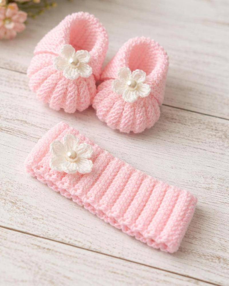 Sweet Pink Crochet Baby Booties and Headband Set