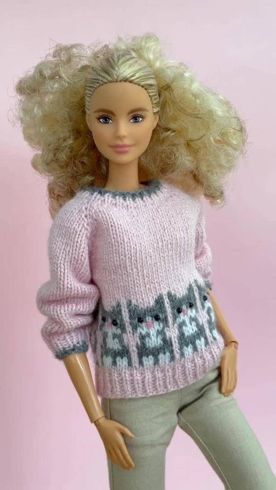 Sweet Pink Kitty Fair Isle Knit Sweater for Barbie