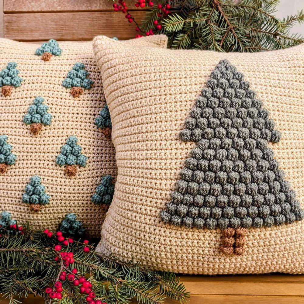 Textured Bobble Stitch Christmas Tree Crochet Pillows