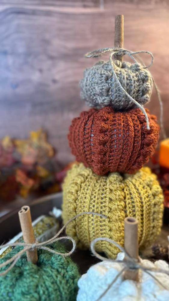 Textured Crochet Pumpkins with Cinnamon Stick Stems