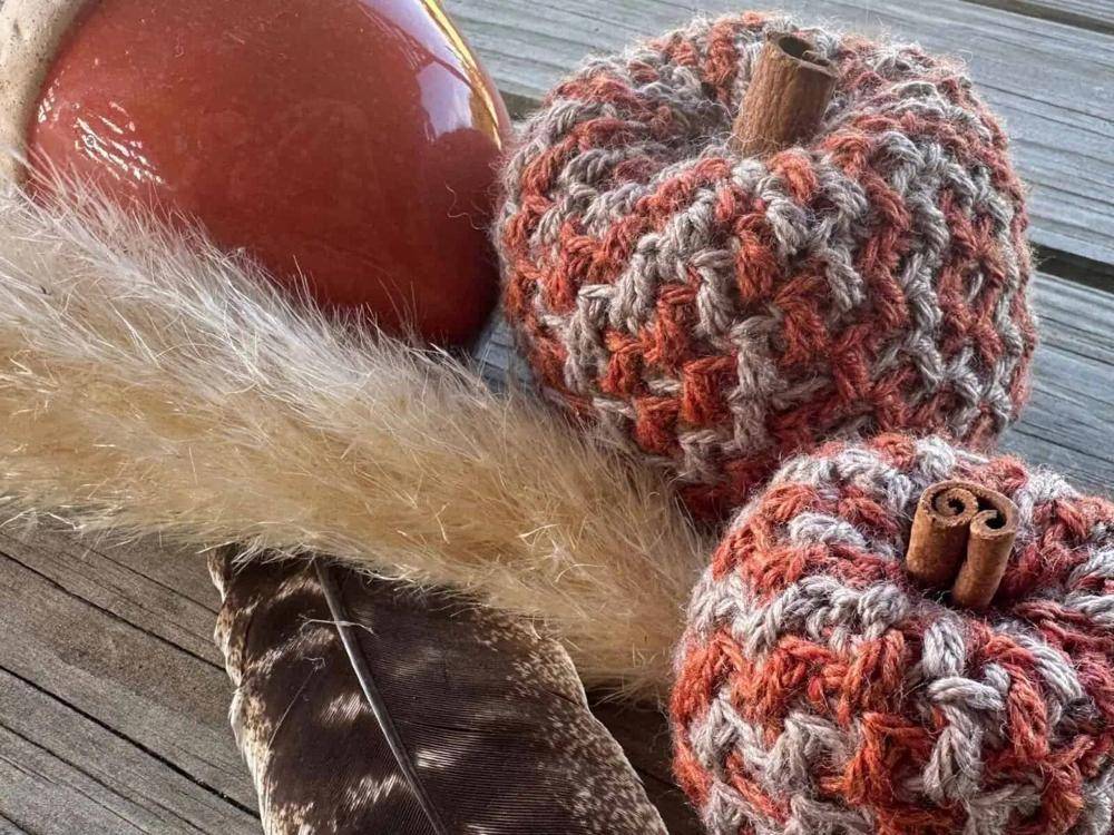 Textured Crochet Pumpkins with Cinnamon Stick Stems