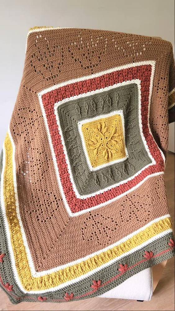 Textured Crochet Square Blanket with Leaf Motifs