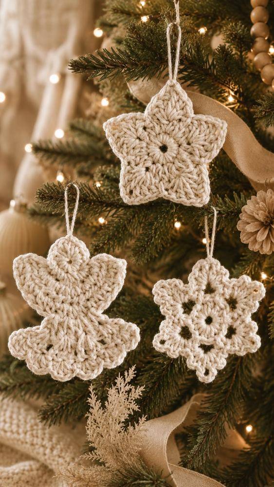 Textured Crochet Star and Angel Ornaments