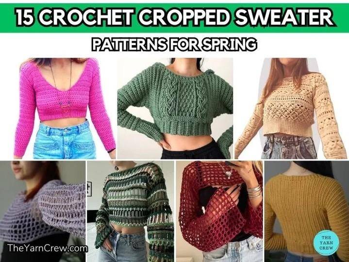 V-Neck Cropped Crochet Sweater with Long Sleeves