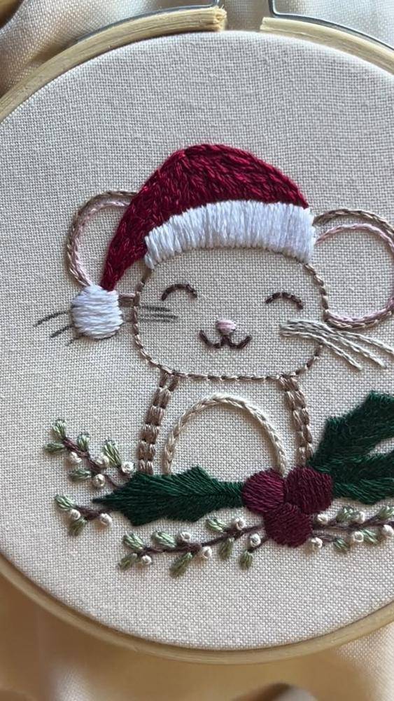 Whimsical Christmas Mouse Embroidery Hoop Art