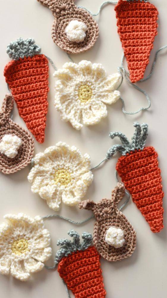 Whimsical Crochet Carrot, Flower, and Bunny Garland