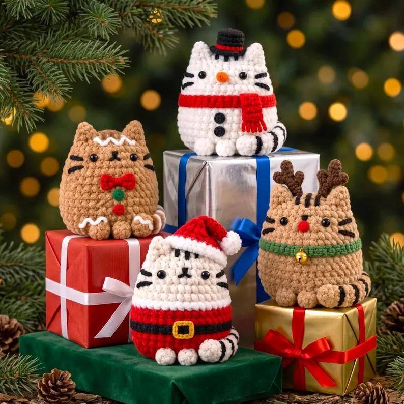 Whimsical Crochet Cat Christmas Ornaments