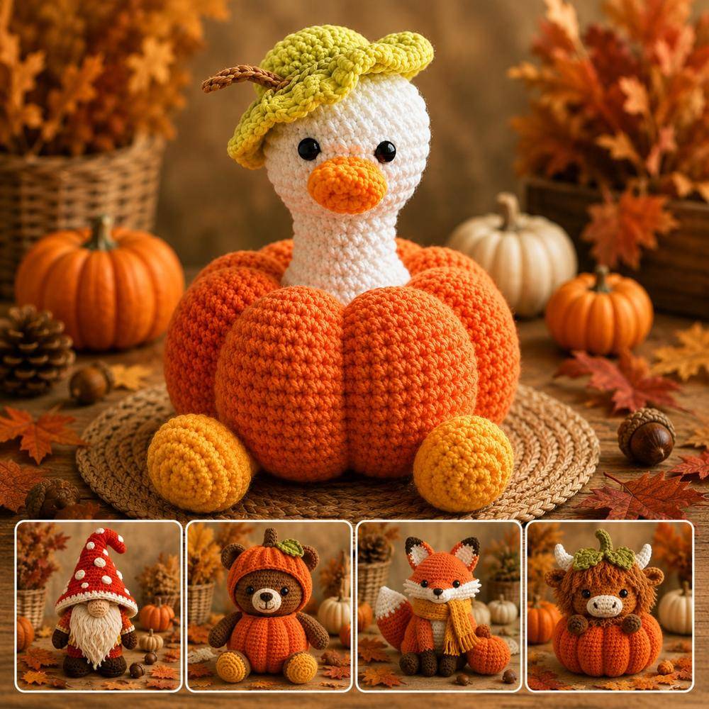 Whimsical Crochet Duck in a Pumpkin Patch Decor