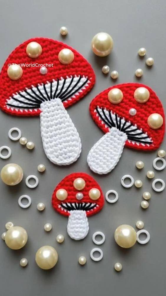 Whimsical Crochet Mushroom Appliques with Pearl Embellishments