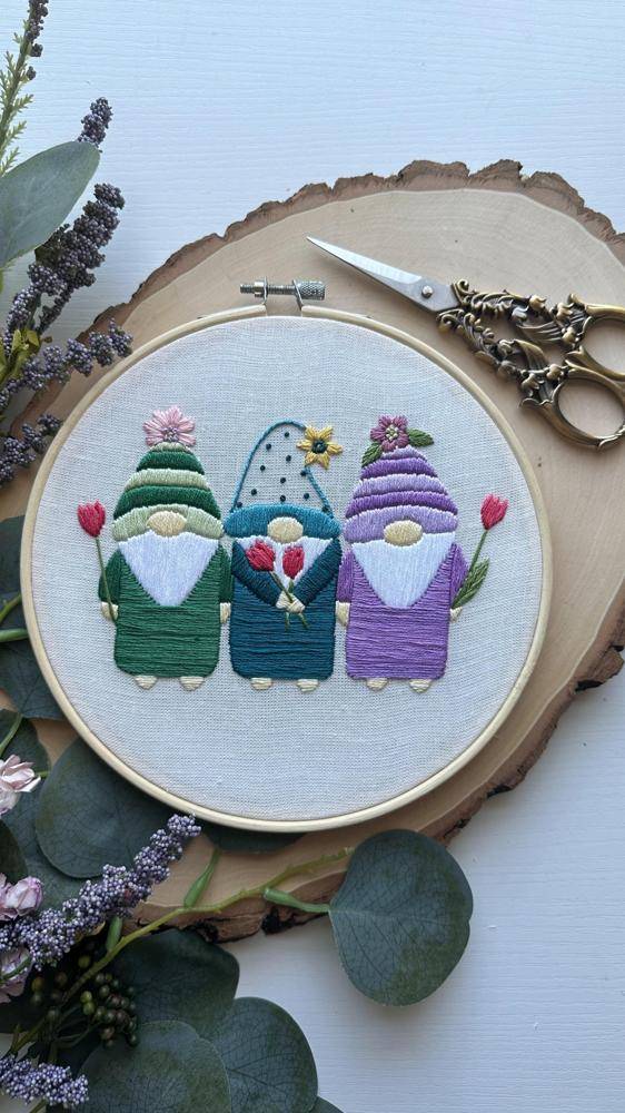 Whimsical Embroidered Christmas Gnomes in Hoop Art