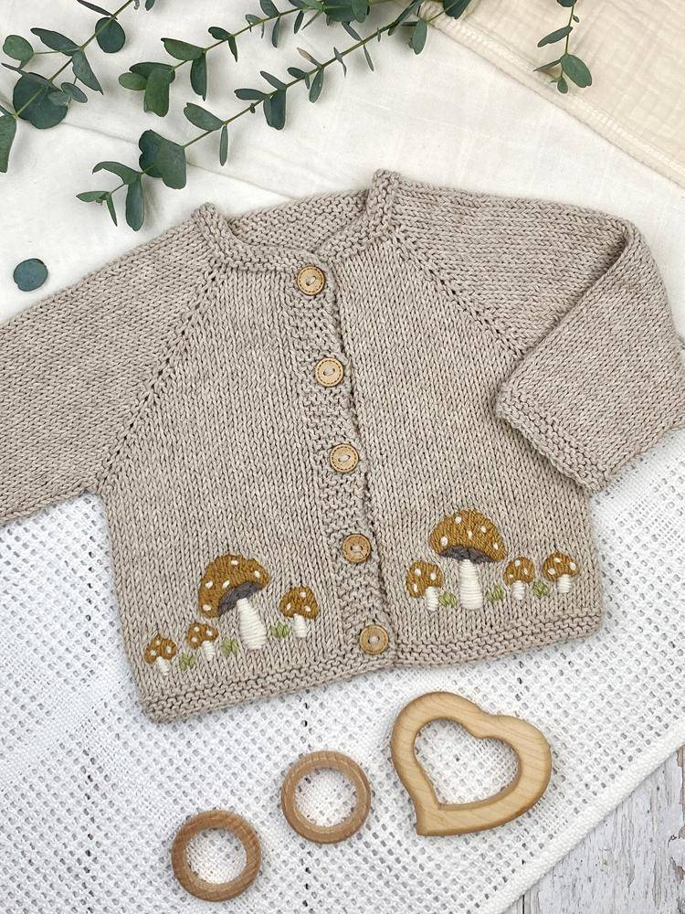 Whimsical Knitted Baby Cardigan with Mushroom Embroidery