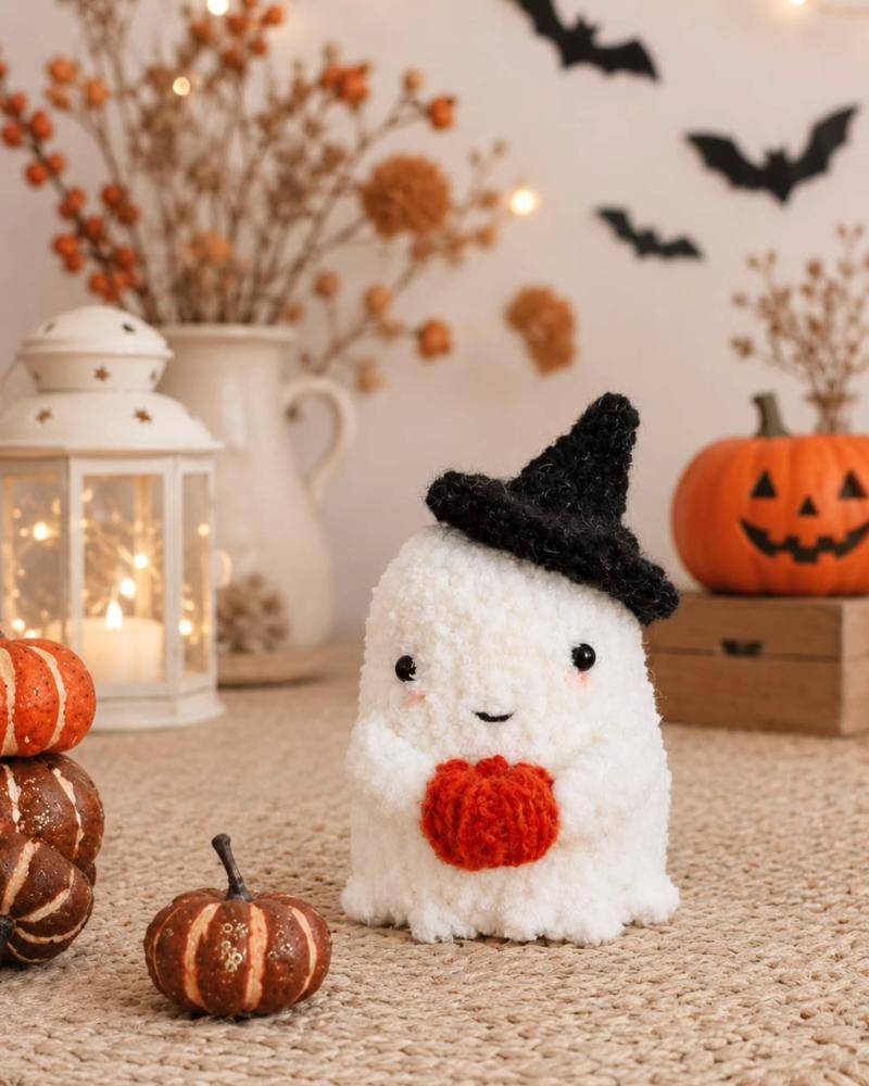 Whimsical Knitted Ghost with Pumpkin Toy