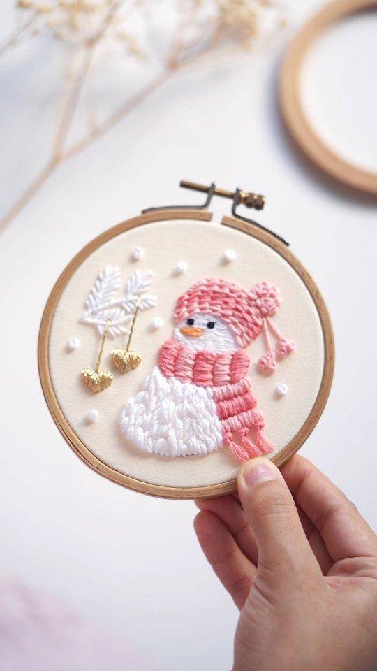 Whimsical Pink Snowman Embroidery Hoop Art