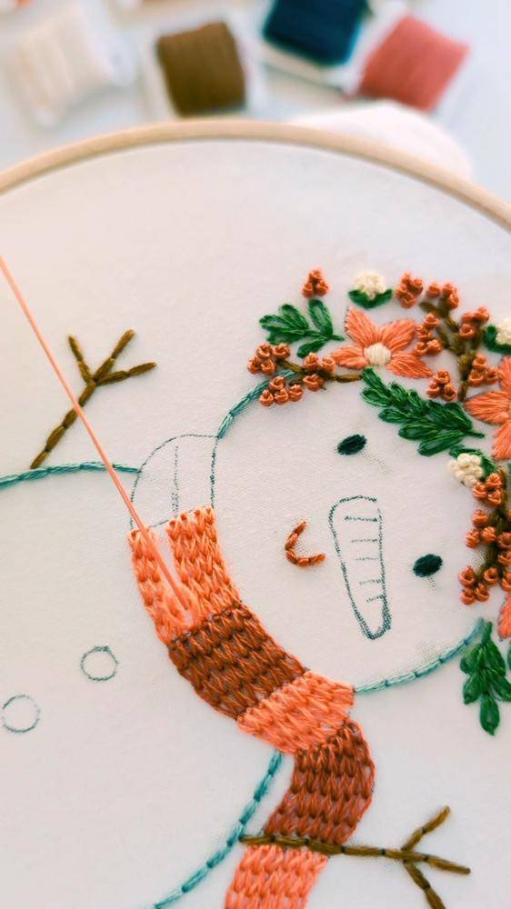 Whimsical Snowman Chain Stitch Embroidery Hoop Art