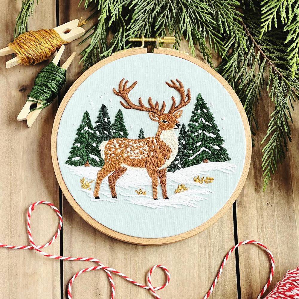 Whimsical Winter Deer Embroidery Hoop Art