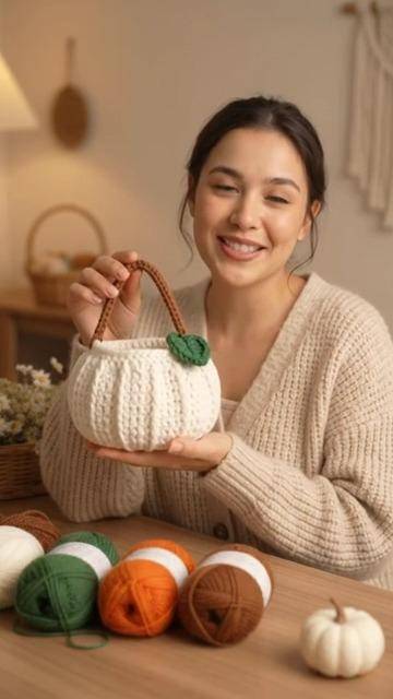 White Crochet Pumpkin Basket with Stem Accent